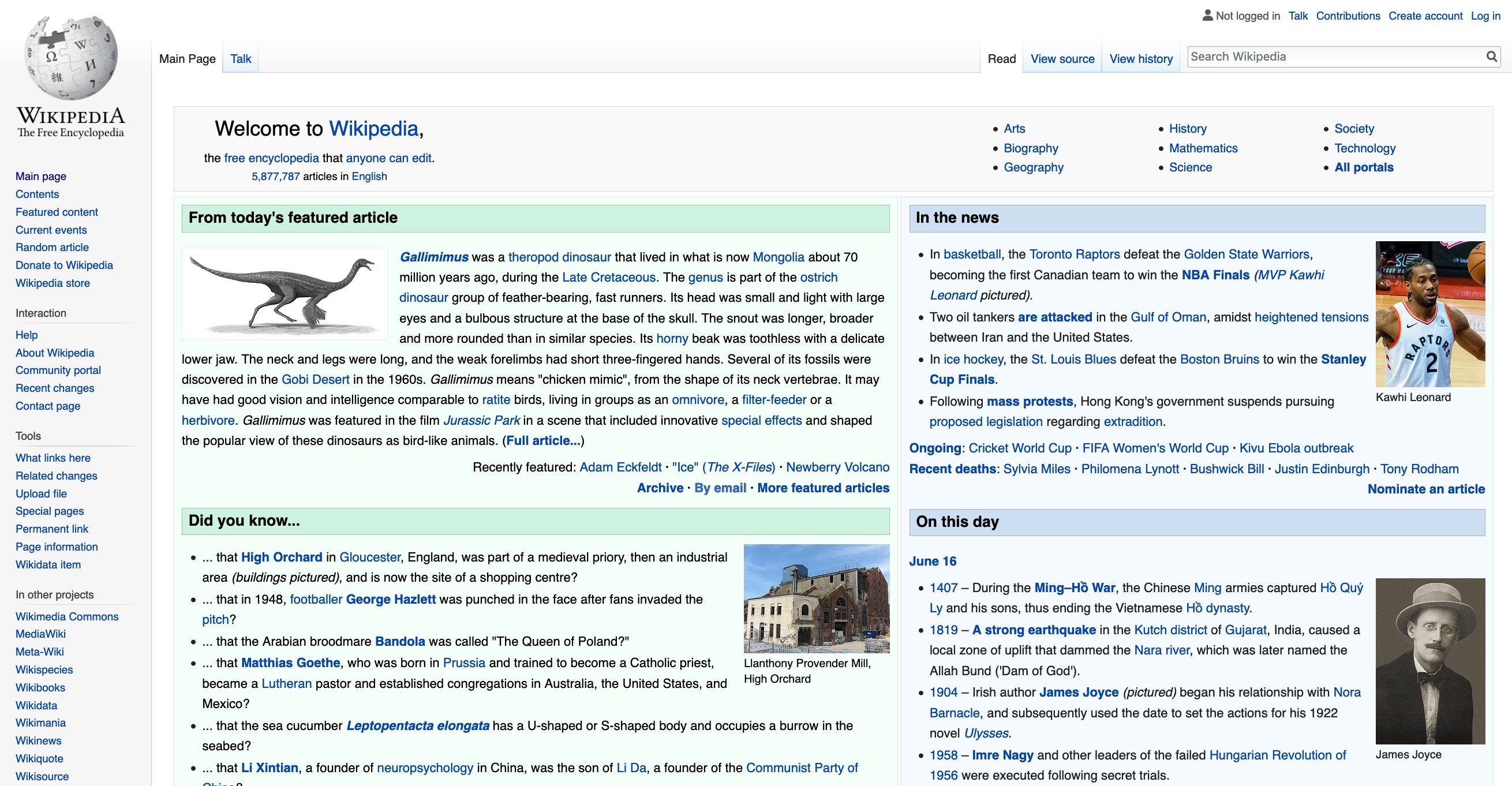Wikipedia English language homepage (2019)
